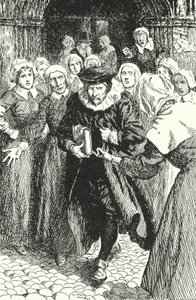 De Schotse priester William Annand veroordeeld door de vrouwen van Edinburgh voor het prediken uit het nieuwe gebedenboek in de St Giles-kathedraal, 1637