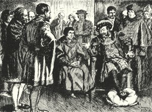 Sir Thomas More aan het hof van Hendrik VIII, weerstaat de pogingen van de koning om hem iets te laten zeggen om hem te vermaken door Alfred Wallis Mills