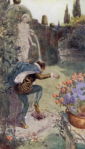 Water uit een kruik gehouden door een standbeeld in een tuin dat op het hoofd van de Franse pottenbakker Bernard Palissy stroomt