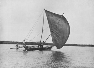 Uithouderkano in volle zeil op Negombo-meer, ca. 1890, 1910