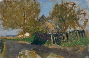 Dorpsstraat met boerderij onder bomen door Alfred Zoff