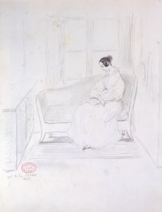 George Sand (1804-76), lezend op een sofa naast een raam, 1833