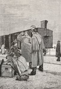 Vijf minuten stop, twee mannen staan bij een treinstop te drinken en eten, gravure naar een schilderij van Alfredo Luxoro, uit L