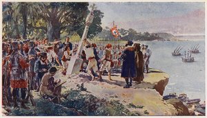 Portugezen plaatsen een stenen pilaar bij de monding van de Congo-rivier door Alfredo Roque Gameiro
