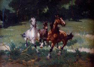 Rennende paarden, schilderij door Alfredo Tominz