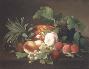 Stilleven met ananas, perziken, pruimen en druiven door Alfrida Vilhelmine Ludovica Baadsgaard