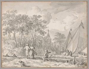 Landschap met elegante figuren bij een rivier, met boten naar rechts en een stadje achter bomen daarachter door Allaert van Everdingen
