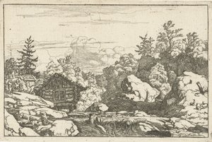Landschap met hut bij waterval door Allaert van Everdingen