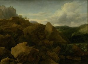 Berglandschap met waterval door Allaert van Everdingen