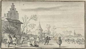 Schaatsers op vijver buiten de stad door Allaert van Everdingen