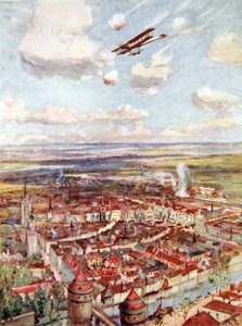 Luitenant Rhodes-Moorhouse vliegt over Courtrai om de spoorweg te bombarderen door Allan Stewart