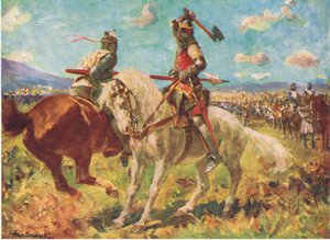 Het gevecht tussen koning Robert de Bruce en Sir Henry de Bohun bij Bannockburn (kleur litho)