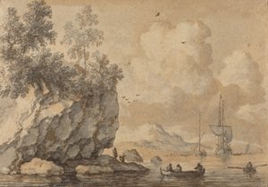 Figuren in roeiboten in een rotsachtige baai, zeilschepen daarbuiten