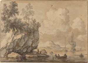 Figuren in Roeiboten in een Rotsachtige Inham, Zeilschepen Verderop door Allart van Everdingen