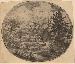 Hamlet aan de oever van een rivier door Allart van Everdingen