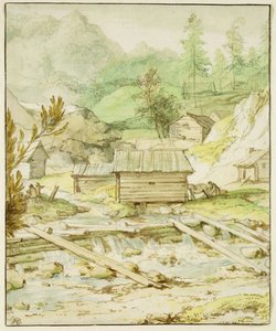 Noordelijk Landschap met Houten Hut en Stuw