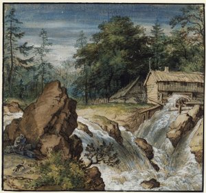 Noords landschap met een tekenaar bij een waterval door Allart van Everdingen