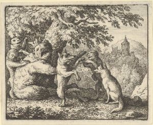 Op bevel van de leeuw wordt een stuk huid van de beer genomen, een stuk van de voorpoten..., 1650-75