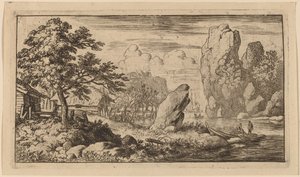 Puntige rots aan de oever van een rivier door Allart van Everdingen