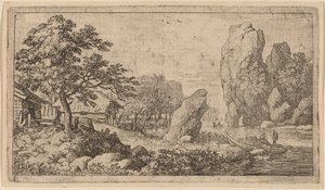 Spitse rots aan de oever van een rivier door Allart van Everdingen