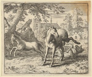 Renard Gaat met de Das naar het Hof om de Woede van de Leeuw te Sussen, 1650-75 door Allart van Everdingen