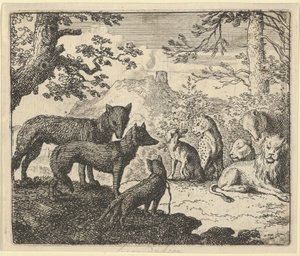 Renards ouders vragen zich van het hof te mogen terugtrekken, uit "Renard de Vos" van Hendrick van Alcmar door Allart van Everdingen