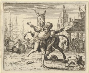 De ezel, jaloers op de aandacht die de hond van zijn meester krijgt, probeert te imiteren ..., 1650-75 door Allart van Everdingen