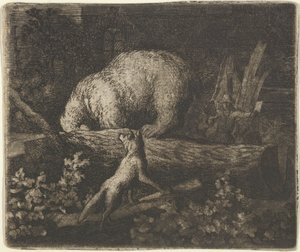 De beer met zijn snuit en voorpoten gevangen in de stam van een boom, midden 17e eeuw