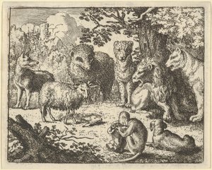 De aap opent het pakket en verwijdert het konijnenhoofd tot grote verrassing van de... door Allart van Everdingen