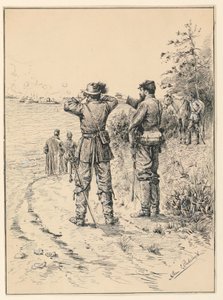 Officieren en generaal kijken naar een zeeslag (Slag om de Monitor en de Merrimac)