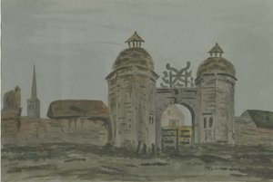 Hamstall Ridware Hall - Portiersloges: aquarel, nd [1824-1882] door Allen Edward Everitt