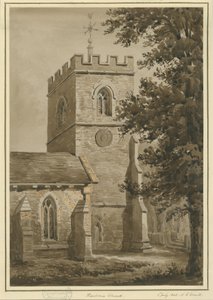 Harborne Kerk: rode sepia tekening, 2 jul 1842 door Allen Edward Everitt
