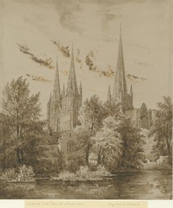 Lichfield Kathedraal - Zuidwestaanzicht: sepia tekening, jul 1842 door Allen Edward Everitt