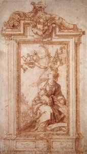 Architectonisch ontwerp met vrouwelijke figuur en putti door Alonso Cano