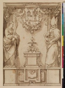 Ontwerp voor een titelpagina met twee heiligen op sokkels en een denkbeeldig Spaans wapenschild, 17e eeuw door Alonso Cano