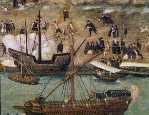 De stad Sevilla, detail van de haven (schilderij, eind 16e eeuw) door Alonso Sánchez Coello