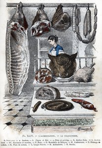 Uitzicht op een vleeswaren Een halve varkensvlees (een ham b aloyau c ribben en borst) B verse ham C gerookte ham D worsten en cerevelas F hure G mortadella uit Bologna H ham I varkenskaas K varkenspoten L gevulde tong M andouillette N bloedworst) (delicat door Alphonse Demarle