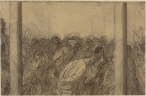 Menigte mensen gezien tussen twee zuilen [verso] door Alphonse Legros
