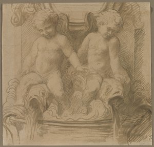 Fontein met putti die op dolfijnen rijden door Alphonse Legros