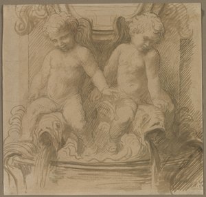 Fontein met putti die op dolfijnen rijden, tweede helft 1800s door Alphonse Legros