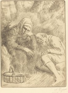 Man en vrouw zittend langs de weg met een mand Homme et femme assis au bord door Alphonse Legros