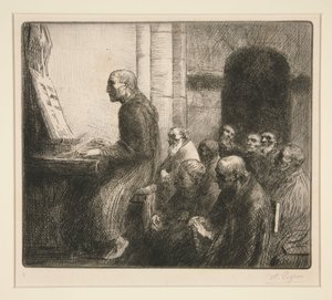 Monnik die orgel speelt in een kerk door Alphonse Legros