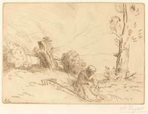 Zittende boerin bij een heg door Alphonse Legros