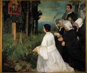 Het ex-voto - Vrouwen (in traditionele Bretonse kostuums?) verzamelen zich voor een ex-voto