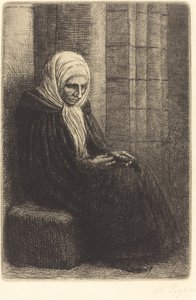 Vrouw zittend tegen een muur, kind met zijn hoofd in haar schoot door Alphonse Legros