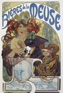 Les bières de la Meuse - reclame, Arts Déco. door Alphonse Marie (after) Mucha