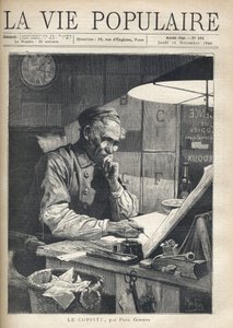 Een geconcentreerde kopiist aan het werk in zijn kantoor. Illustratie door Alfons Maria Mucha (Alphonse Marie Mucha)