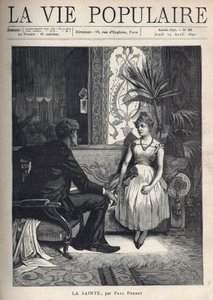 Een jonge vrouw, ziek uitziend, zittend op een bank, in een rijkelijk versierde woonkamer, ze heeft een verlegen houding en praat met een jonge man in kleding, zittend op een fauteuil, draait zich naar haar toe, de ondernemende blik. Illustratie door Alpho