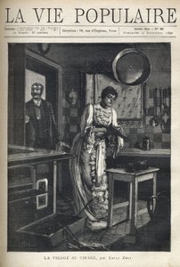 Een elegante vrouw poetst een schoen in de keuken van een huis. Een man opent de deur achter haar. Illustratie door Alfons Maria Mucha