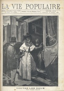 Afscheid tussen een man en een vrouw die op een trein stappen op het perron van een station. Illustratie door Alfons Maria Mucha (Alphonse Marie Mucha)